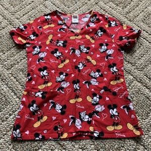Disney Womens XSmall 100% Cotton Mickey Minnie Hearts Medical Scrub Shirt Top